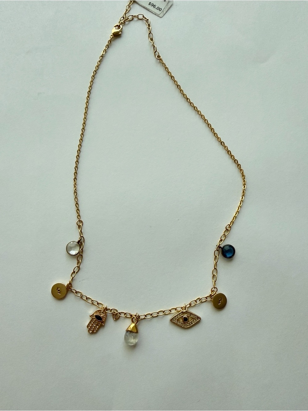 Gold Charm Necklace with Blue and Clear Accent Stones